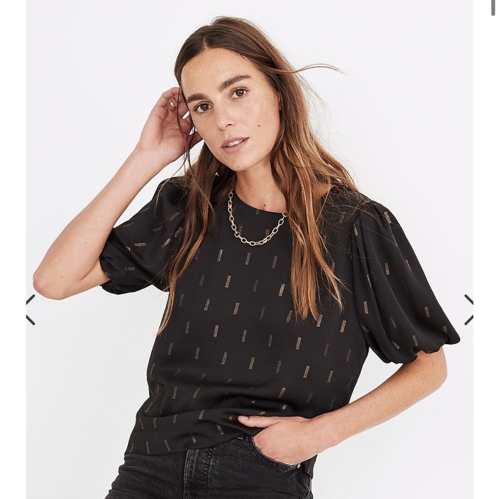 Metallic Jacquard Puff-Sleeve Top